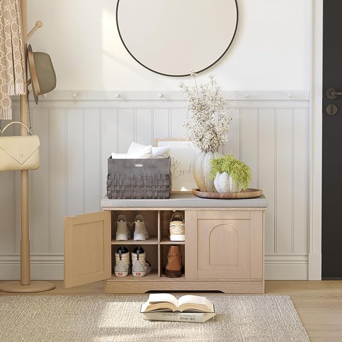 DINZI LVJ Shoe Bench, Entryway Storage Bench with Doors, Cushion, 2-Tier Shoe Rack with 6-Cubby, 31.5”L x 13.8”W Shoe Organizer Cabinet, Adjustable Shelf, Living Room, Bedroom, Natural