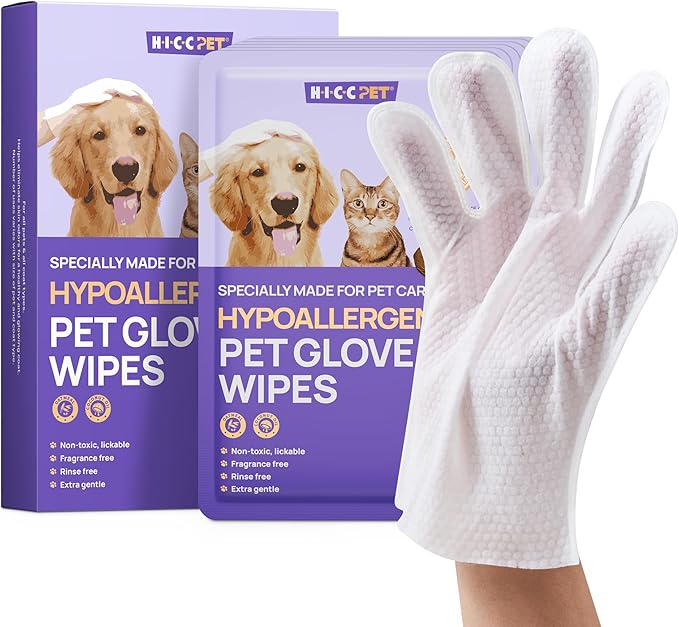 HICC PET Cleaning Deodorizing Glove Wipes for Dogs & Cats, Vet Recommended Hypoallergenic Pet Cleaning and Hydrating Glove Wipes, Nourish Fur Coconut Oil Pet Bathing Wipes for Horse Coat Care