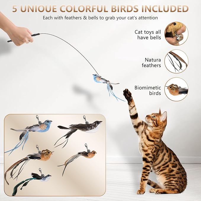 Cat Toys for Indoor Cats, Interactive Bird Cat Toy Self-Holding Suction Base with 5 Replaceable Birds, Door Hanging String, Feathers & Bells | Chase, Jump & Exercise for Kittens/Adult Cats