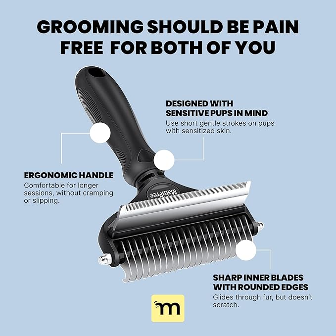 MalsiPree Dog Brush - Large, Black - 2-in-1 Undercoat Rake & Dematting Rake - Shedding Brush & Deshedding Tool for medium to Large Double-Coated Dogs & Cats