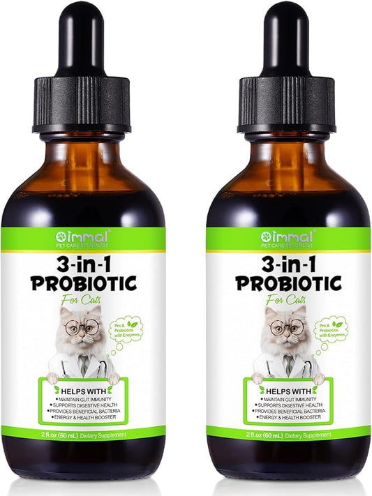 3-in-1 Probiotics for Cats(Pack of 2) with Digestive Enzymes & Prebiotics – Supports Gut Health, Immune System & Diarrhea Relief – 2 x 60ml for Cats of All Ages