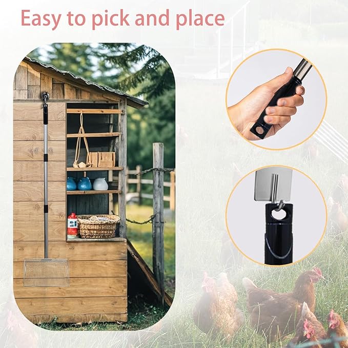 10inch Metal Chicken Poop Scooper with 54-Inch Long Handle for Coop Cleaning