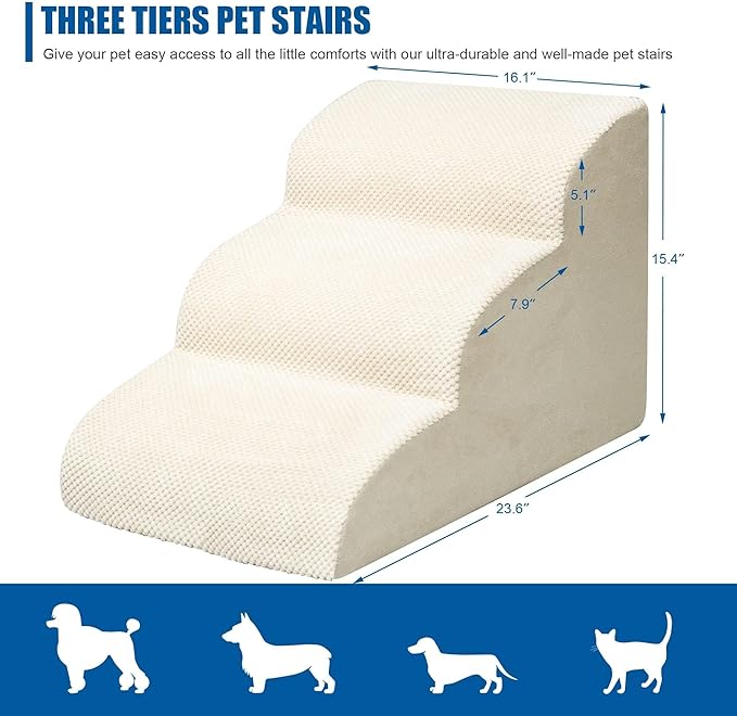 Dog Stairs for Small Dogs - High Density Foam Pet Steps, Extra Wide Dog Ramp with Non-Slip Bottom for High Beds, Couch and Sofa, Best for Dogs Injured, Older Doggy Cats