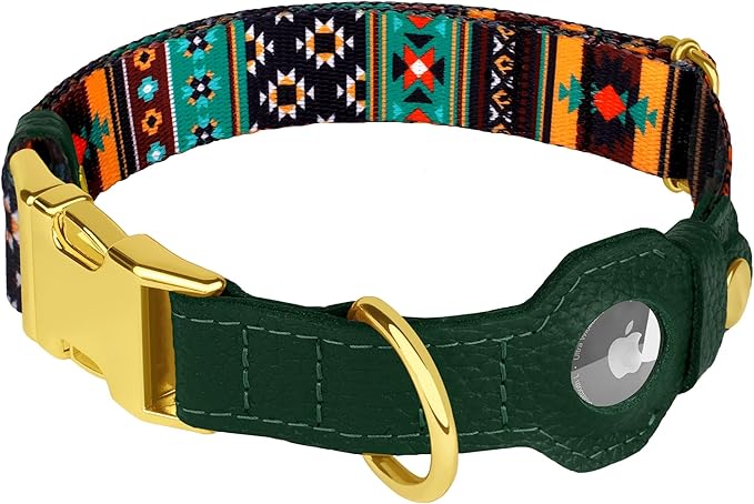 AirTag Dog Collar for Small Medium Large Breed - Adjustable Cute Pattern Dog Collar with Airtag Holder - Soft Leather Tracker GPS Apple Air Tag Pet Collars (Small, 12"-15" Neck Fit, Tribal)