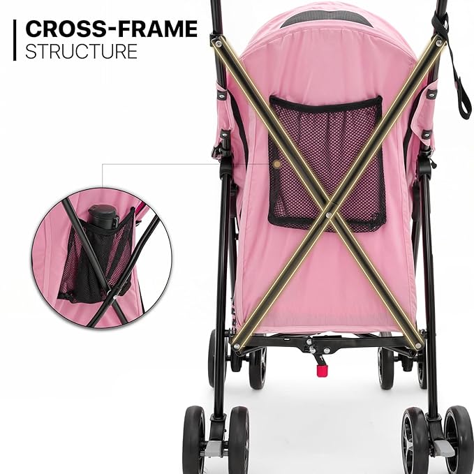 MoNiBloom 4 Wheels Pet Stroller, Easy-Fold Puppy Cage Jogger Stroller with Sun Cover, Pad and Rear Storage Bag, Breathable and Visible Mesh for Small/Medium Pets up to 22 lbs, Pink