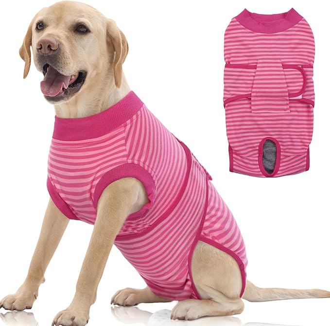 FUAMEY Recovery Suit for Dogs After Surgery,Soft Breathable Dog Bodysuit E-Collar & Cone Alternative Surgical Suit,Male Female Dog Neuter Spay Suits Anti Licking Wounds Onesie Rose Stripes XL
