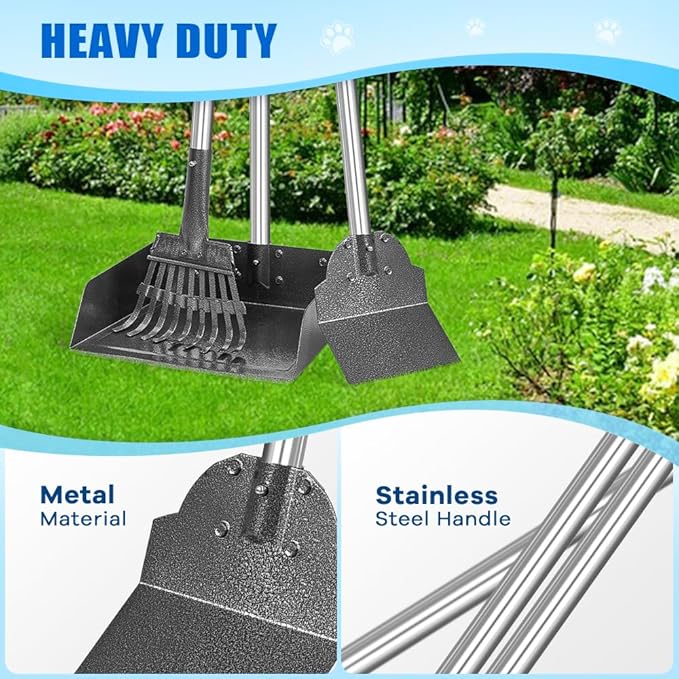 Larger Pooper Scooper Dog Pooper Scooper for Large Medium Small Dogs Heavy Duty Stainless Steel with Long Handle Tray Rake Shovel for Yard