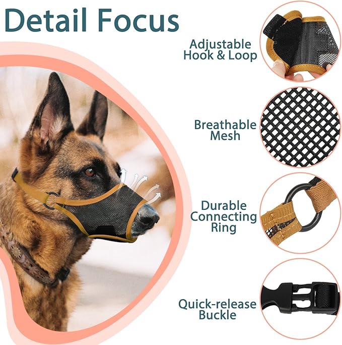 LUCKYPAW Dog Muzzle, Mesh Muzzle for Large Medium Small Dogs, Soft Mouth Guard for Biting Chewing, Breathable Mouth Guard with Adjustable Strap for Training(Brown, XS(Snout:6.5"-7.5"))