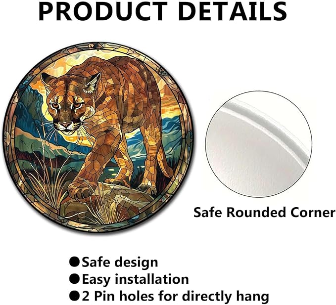 Lygond Metal Sign Tin Sign Circular Stained Glass Mountain Lion Gardening Sign for Garden 8×8 Inches