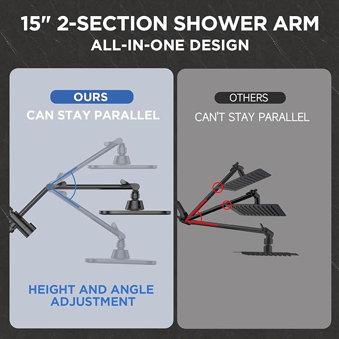 Veken Wide Rain Shower Head with 6 Modes Handheld Water Spray，High Pressure Showerhead Combo with Arm for Bathroom Accessories，Home Decor Adjustable Dual Shower with Anti-Clog Nozzles，Matte Black