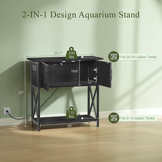 ZENY 20-29 Gallon Fish Tank Stand with Cabinet for Fish Tank Accessories Storage, Metal Double Aquarium Stand, 30.71''L x 12.6''W Tabletop, 330LBS Capacity