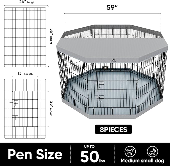 PJYuCien Dog Playpen, 8 Panels 36”H Dog Playpen Indoor with Grey Bottom Pad and Top Cover, Metal Foldable Dog Pen for Indoor Use, Better for Small Medium Animals, Grey