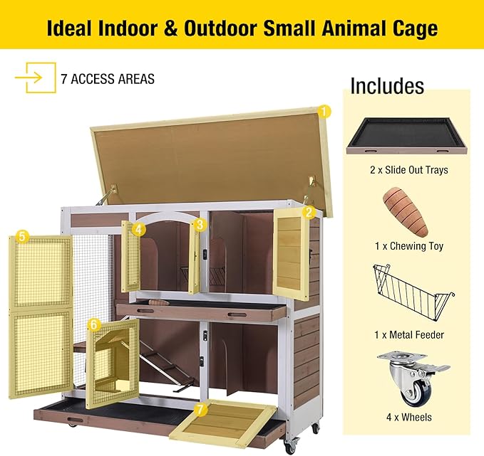 Aivituvin Rabbit Hutch Bunny Cage with Wheels Indoor Outdoor 47" Two Story Guinea Pig Cage with 2 Deep No Leak Tray