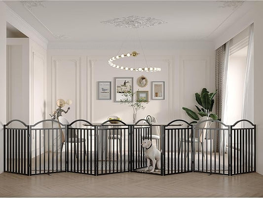 BHG Metal No-Assembly Freestanding Dog Gate with Door Walk Through, Extra Wide 96", Extra Tall 32" Pet Gate, Accordion Puppy Folding Playpen Dog Fence, with 2PCS Support (Black, 8 Panels)