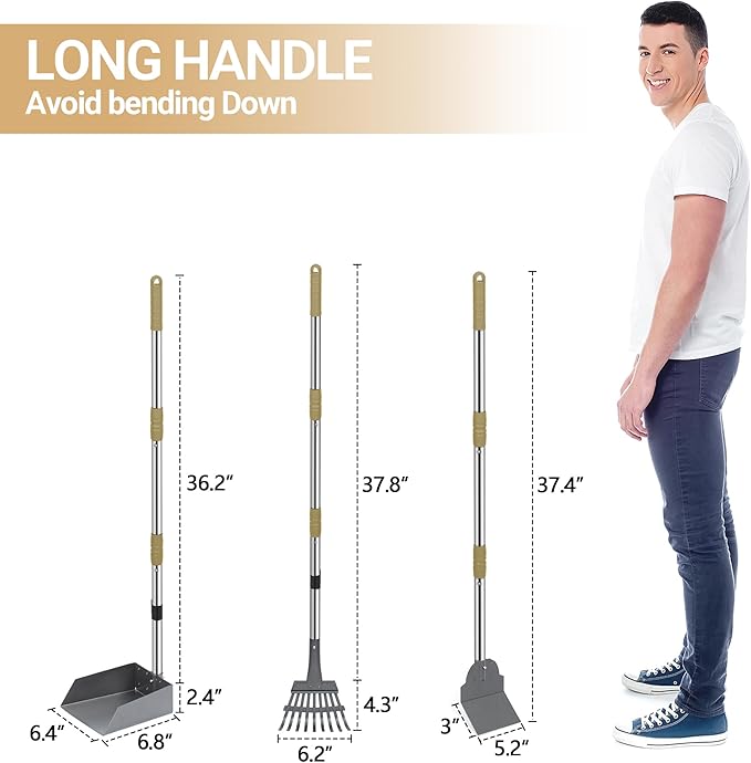 Heeyoo Dog Pooper Scooper, Dog Poop Tray and Rake Set, Pet Waste Removal Scoop with Long Adjustable Sectional Stainless Handles