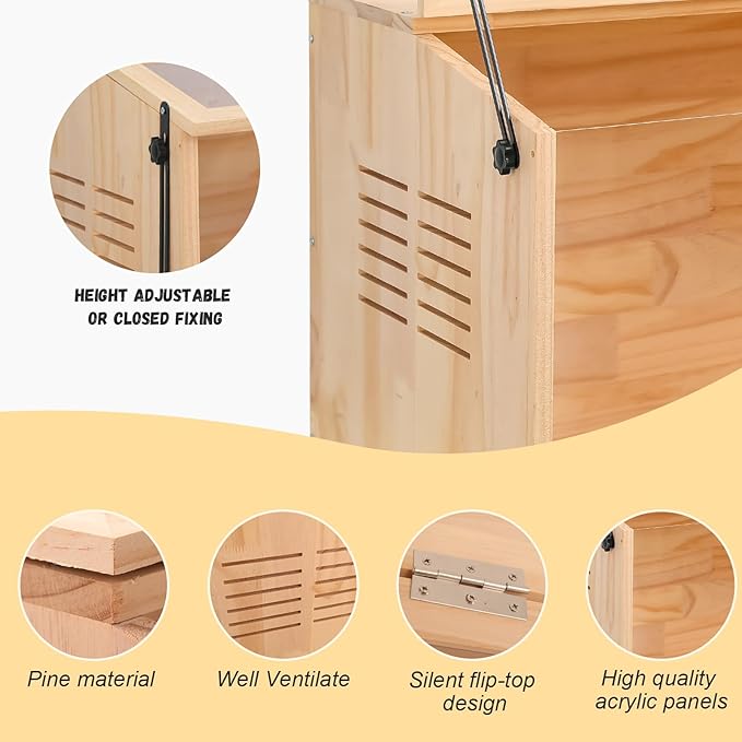 Wooden Hamster Cage,32" Lx16 Wx16 H,Animal Cabinet for Dwarf Syrian Hamsters Degus, Hamster Habitat with Openable Top and Large Acrylic Sheets, Natural Wooden Hamster Habitat.