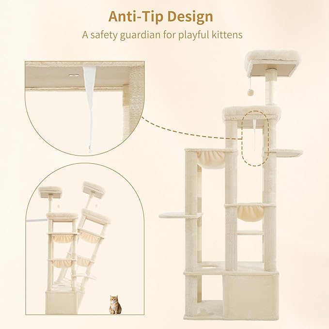 Heybly Heavy Duty Cat Tree, 71-Inch Tall Tower for Large Maine Coon with Extra-Large Baseboard, Cat Condo Furniture with Multi-Level Platforms, 2 Hammocks and 12 Scratching Posts, Beige HCT037M