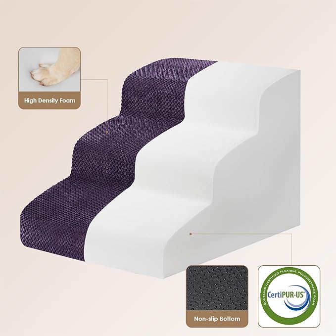 EHEYCIGA Curved Dog Stairs Ramp for Small Dogs 15.7" H, 3-Step Dog Steps for Couch Sofa and Chair, Pet Stairs for Cats, Non-Slip Balanced Pet Steps Indoor, Purple