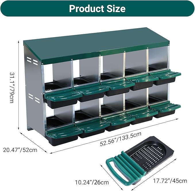 Nesting Boxes for Chickens, Chickens Laying Boxes for Chicken Coop, 10 Compartments Chicken Nesting Boxes, with Removable Tray, Easy Cleaning, for Hens Outdoor Chicken Coop Farm Yard, Green