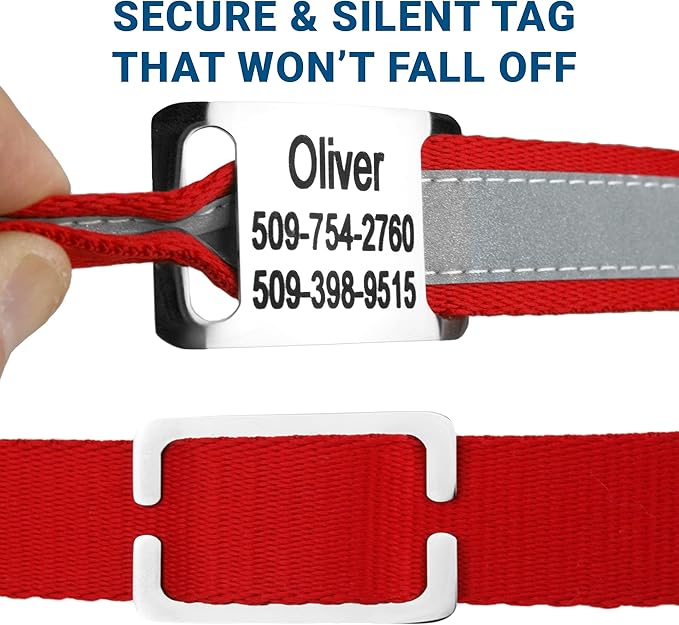 GoTags Reflective Personalized Dog Collar with Nameplate, Adjustable Dog Collar with Custom Engraved Steel Slide On Pet ID Tag, Silent, No Noise Dog Tag for Large Medium or Small (Red, Medium)