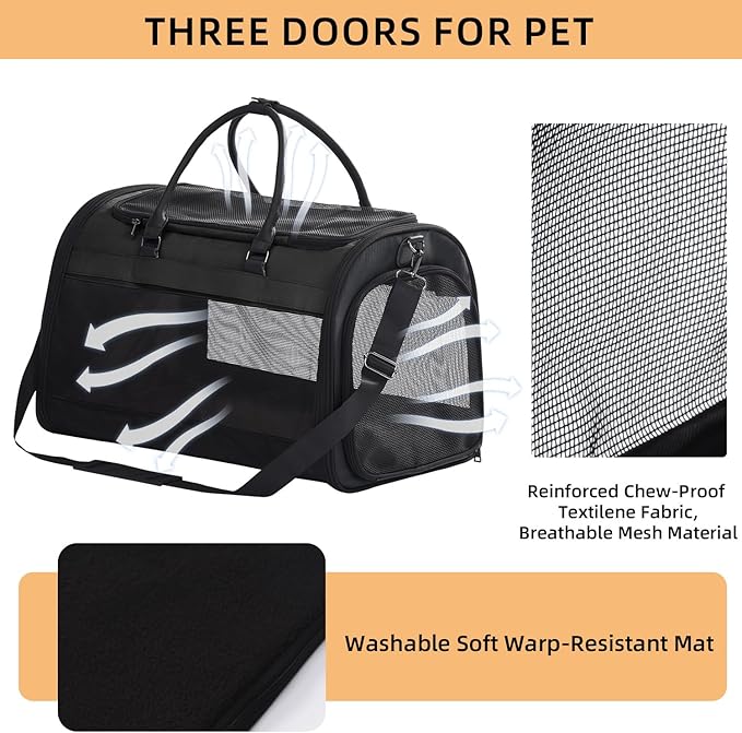 PET MARVEL Cat Carrier Soft Sided for Small Medium Cats Puppy up to 15 Lbs, Airline Approved Mesh Pet Travel Bag, Breathable Bite-Resistant Fabric with Removable Washable Mat