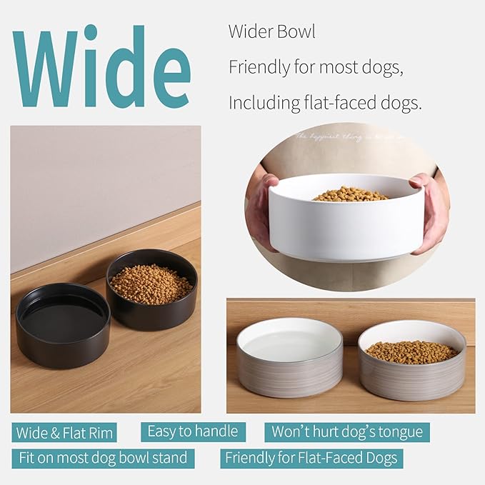 White Dog Bowl Ceramic for Medium Large Breed, Heavy Weighted Dog Food Water Feeder Dish, Non - Slip Modern Cute Extra Big Porcelain 8 in Pet Bowl Maze