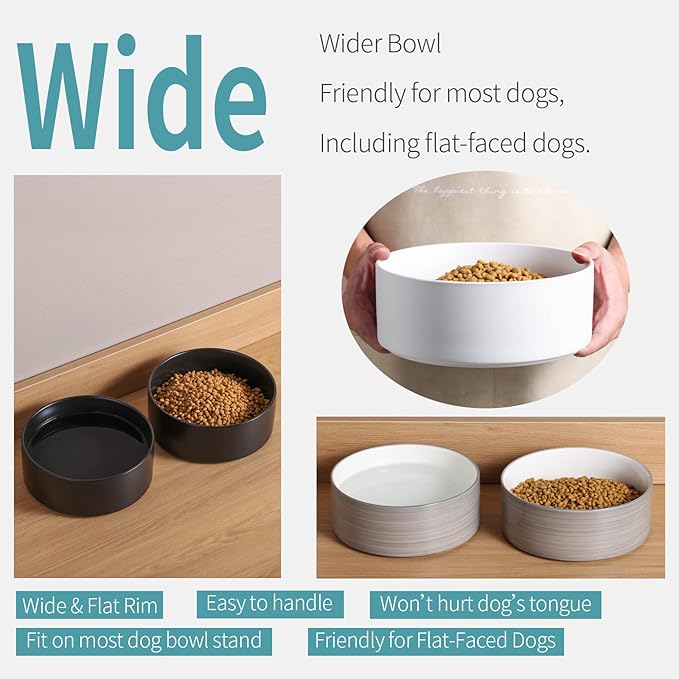 Black Dog Bowl Ceramic for Medium Large Breed,Dog Food Water Dish Heavy Weighted, Non Slip Porcelain Extra Large Big 9.4 in Pet Bowl