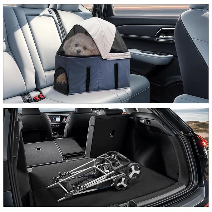 MoNiBloom 3 in 1 Foldable Pet Stroller for Small & Medium Dogs, Detachable Carrier, Car Seat, Push Button Entry, 4-Wheel Jogger for Pets up to 33 lbs, Navy Blue