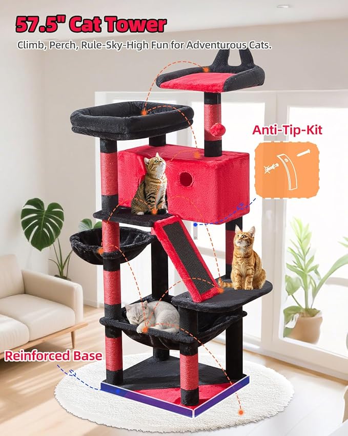Taoqimiao Gothic Cat Tree 57.5-Inch, Cat Tower for Indoor Cats Large Adult, Extra Large Cat Condo, 8 Sisal Scratching Posts, Metal Frame Cozy Hammock, Durable Scratch Board, 2 Top Perches, MS026BR