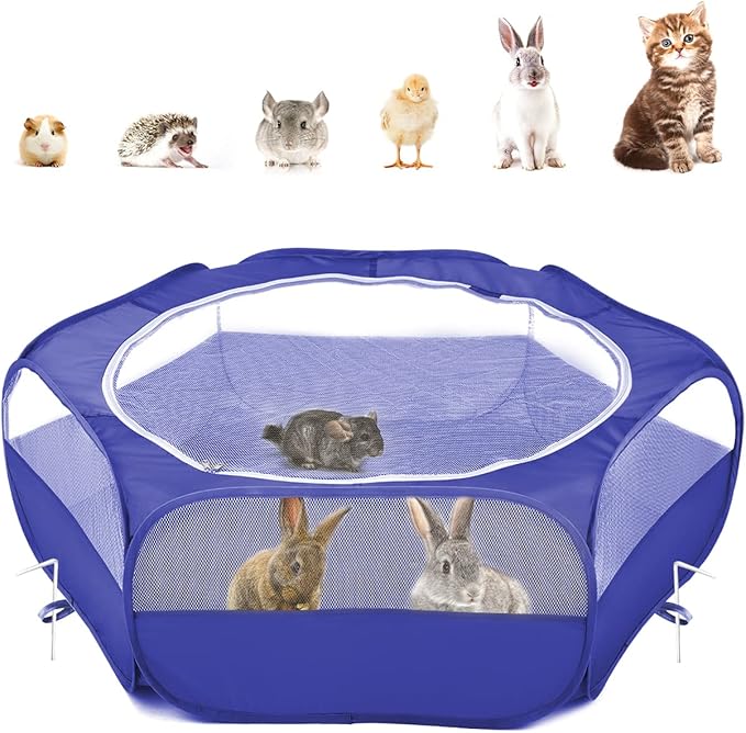 Pawaboo Small Animals Playpen, Waterproof Small Pet Cage Tent with Zippered Cover, Portable Outdoor Yard Fence with 3 Metal Rod for Chick/Kitten/Puppy/Guinea Pig/Rabbits/Hamster/Chinchillas,Indigo