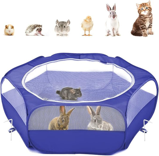 Pawaboo Small Animals Playpen, Waterproof Small Pet Cage Tent with Zippered Cover, Portable Outdoor Yard Fence with 3 Metal Rod for Chick/Kitten/Puppy/Guinea Pig/Rabbits/Hamster/Chinchillas,Indigo