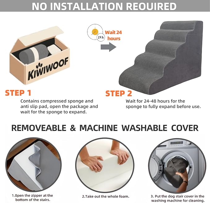5 Step Pet Stairs Ramp for High Beds Sofas 5-30 Inch with Sturdy Non Slip Waterproof Pads, Machine Washable Cover Indoor Balanced Design for Cats Dogs Small Medium Large XL Pets Grey (Brown, Large, 1)