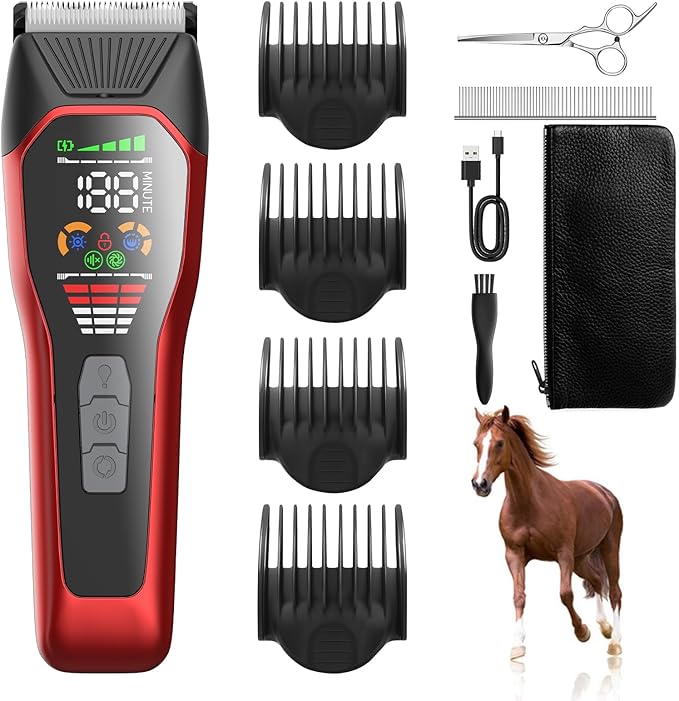 Horse Clippers Low Noise Rechargeble Horse Trimmer Kit, Pet Shaver for Heavy Thick Coats Grooming, 2-Speed Cordless Animal Shears for Horse, Sheep, Cats and Dogs
