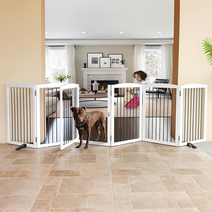 ZJSF Foldable Indoor Dog Door with Walk Through Door, Freestanding Pet Door for The House,Doorways, Stairs, Pet Puppy Safety Fence with Support Feet, White 6 Panels 120" Wide 32''Height