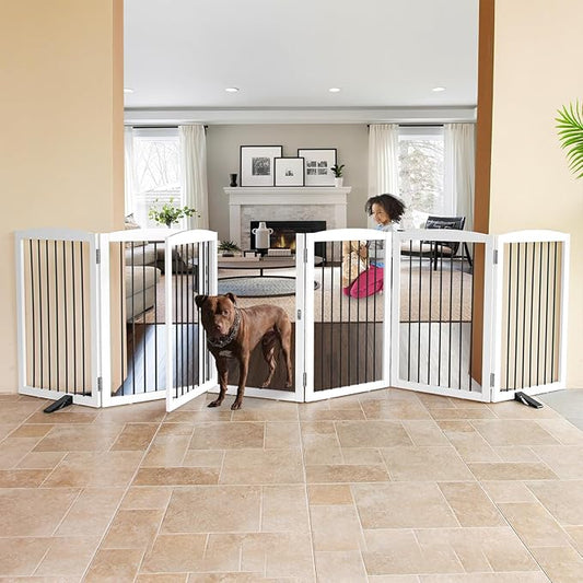 ZJSF Foldable Indoor Dog Door with Walk Through Door, Freestanding Pet Door for The House,Doorways, Stairs, Pet Puppy Safety Fence with Support Feet, White 6 Panels 120" Wide 32''Height