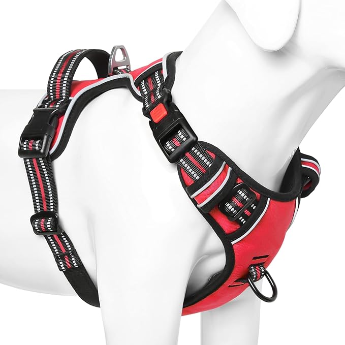 Timos Dog Harness Medium Sized, No Pull with Neck Lockable Snap,No Choke Front Clip Dog Reflective Harness,Adjustable Metal Rings 3 Buckles,Easy Control Handle for Medium Dogs Red M