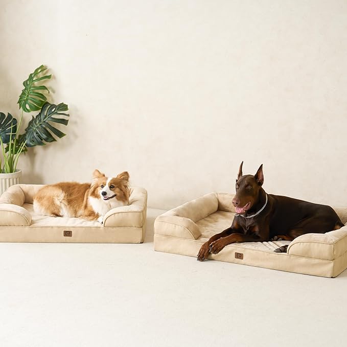 EHEYCIGA Orthopedic Dog Bed for Medium Dogs, Waterproof Memory Foam Medium Dog Beds with Sides, Non-Slip Bottom and Egg-Crate Foam Pet Couch Bed with Washable Removable Cover, Greige