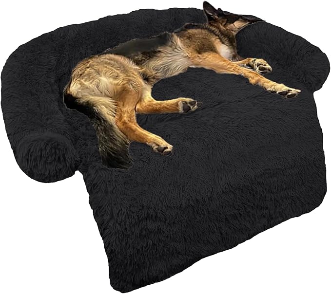 GGIB Calming Dog Bed Fluffy Plush Dog Mat for Furniture Protector with Removable Washable Cover for Large Medium Small Dogs and Cats (Large, Black)