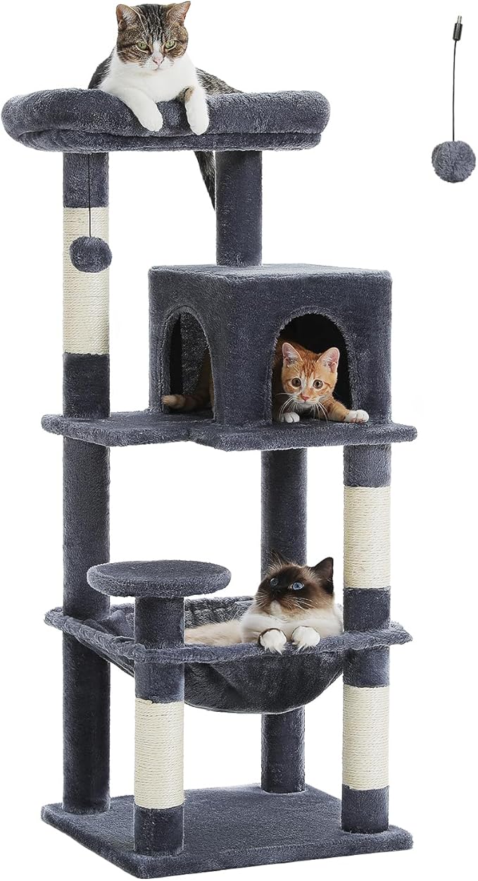 Cat Tree for Indoor Cats, 45.7" Multi-Level Cat Tower with Large Metal Frame Hammock, Cat Condo with 4 Scratching Posts and Top Perch for Small Medium Cat, Dark Grey