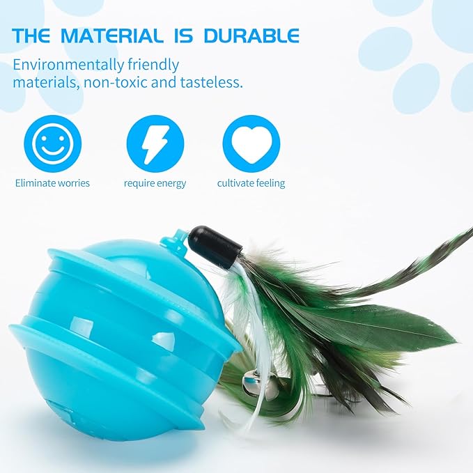Cat Feather Toy Ball Automatic Moving Interactive Cat Toys for Indoor Cats, Self Rolling Electric Smart Tumbler Ball with Colorful Light and Big Feather Chasing Game (Blue)