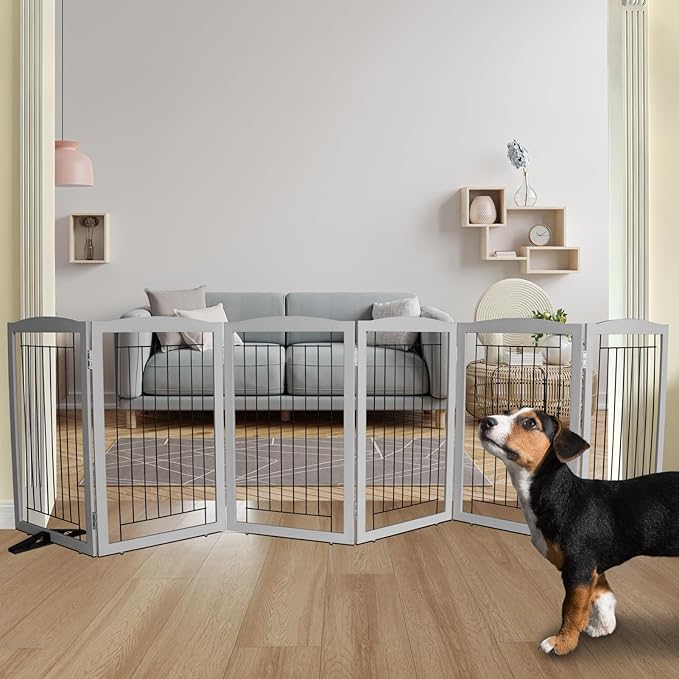 ZJSF Freestanding Dog Fence Indoor, Foldable Dog Gate for Doorways, Stairs or Hallways, Sturdy Wood Extra Wide Pet Gate with Support Feet for The House, Grey, 32 "Height-6 Panels