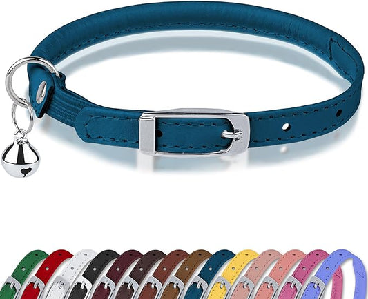 OOPSDOGGY Rolled Leather Cat Collar with Bell, Reflective Kitten Collars with Buckle Include Safety Elastic Strap - Adjustable Small Pet Collars for Boy Girl Cats (Blue)