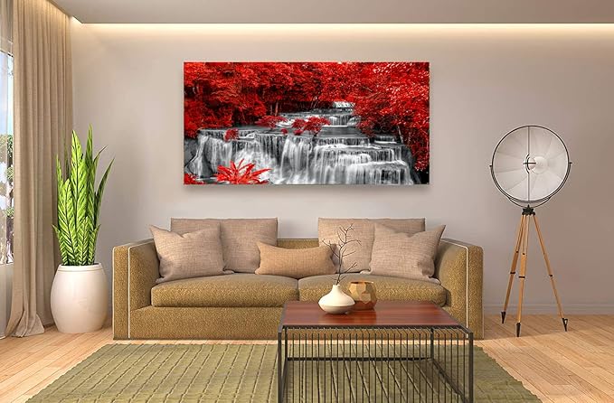 Yxbhhym Large Black and White Decor Waterfall Canvas Wall Art Red Tree Wall Decor Landscape Prints Posters Forest Scenery Paintings for Wall Decoration Bedroom Living Room Décor- Framed Wall Art