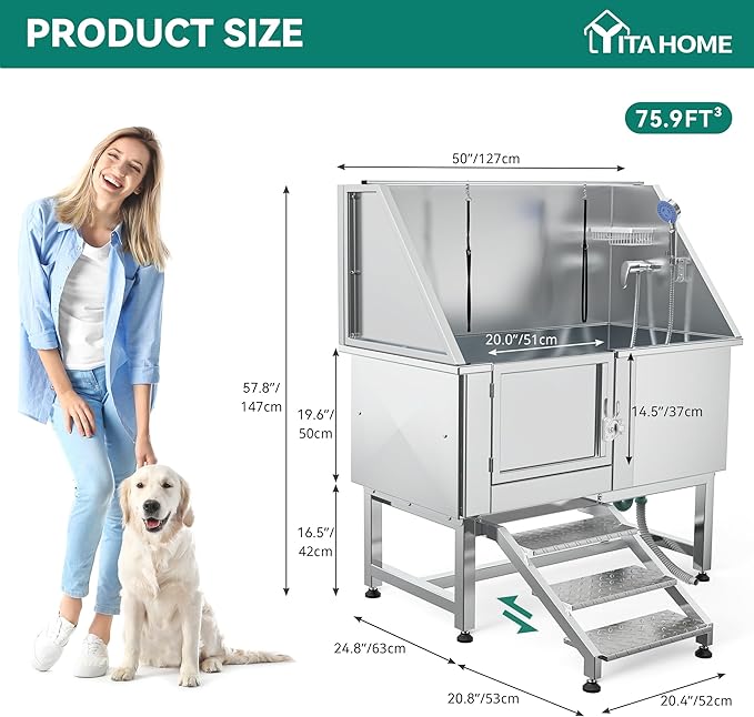YITAHOME Dog Bathing Station, Professional Stainless Steel 304 Dog Grooming Bathtub w/Left Stairs, Faucet, Floor Grate, 50in Pet Washing Station for Large, Medium, Small Pets