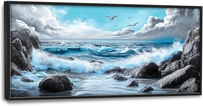 Extra Large Framed Abstract Sea Ocean Wall Art,Black and White Wall Decor, Coastal Seashore Pictures for Living Room,Canvas Print Painting Modern Artwork Bedroom Office Bathroom 60L x 30W