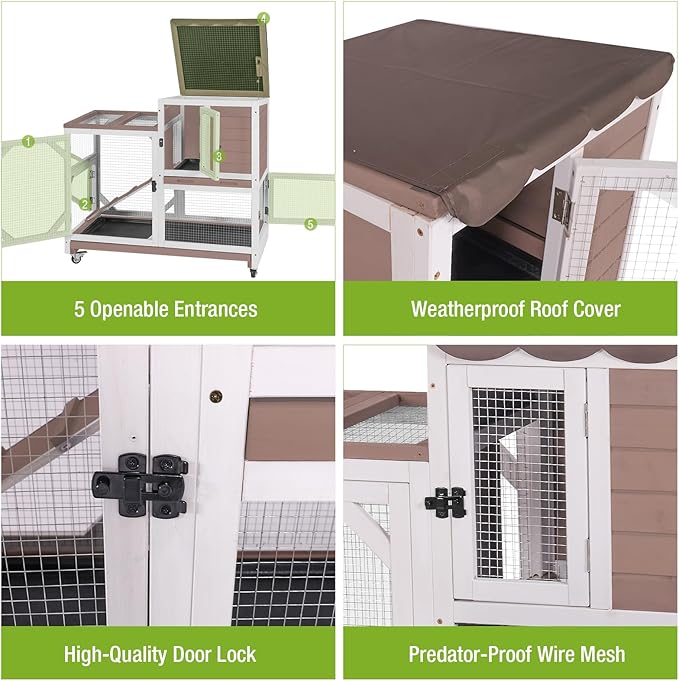 Gutinneen 2-Story Rabbit Hutch with Chew-Proof Ramp & Leak-Proof Trays - Indoor/Outdoor 39.3" Wooden Rabbit Cage with Wheels for Rabbits, Guinea Pigs