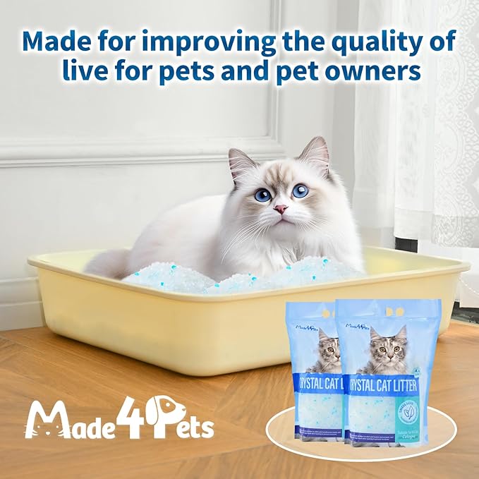 Made4Pets Cat Litter Crystals, Non Clumping Cat Litter Odor Control Kitty Litter Non Clumping No scooping Low Dust, Low Tracking, Lightweight, Dehydrates Waste,Cologne– 8.6 lbs (2 x 4.3 lb Packs)