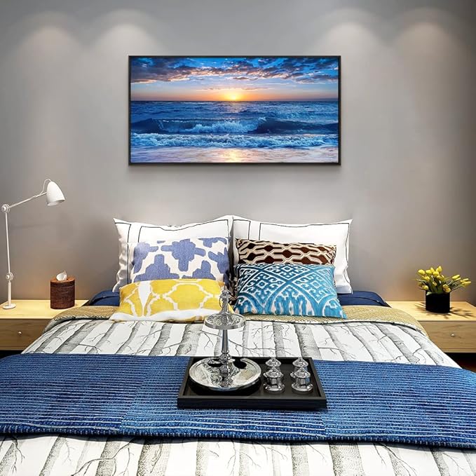 Sea Beach Framed Canvas Wall Art For Living Room Wall Decor For Bedroom Home Decor Blue Ocean Canvas Pictures Artwork Sunny Sea View Wave Painting Office Wall Decorations Black Framed 20" X 40"