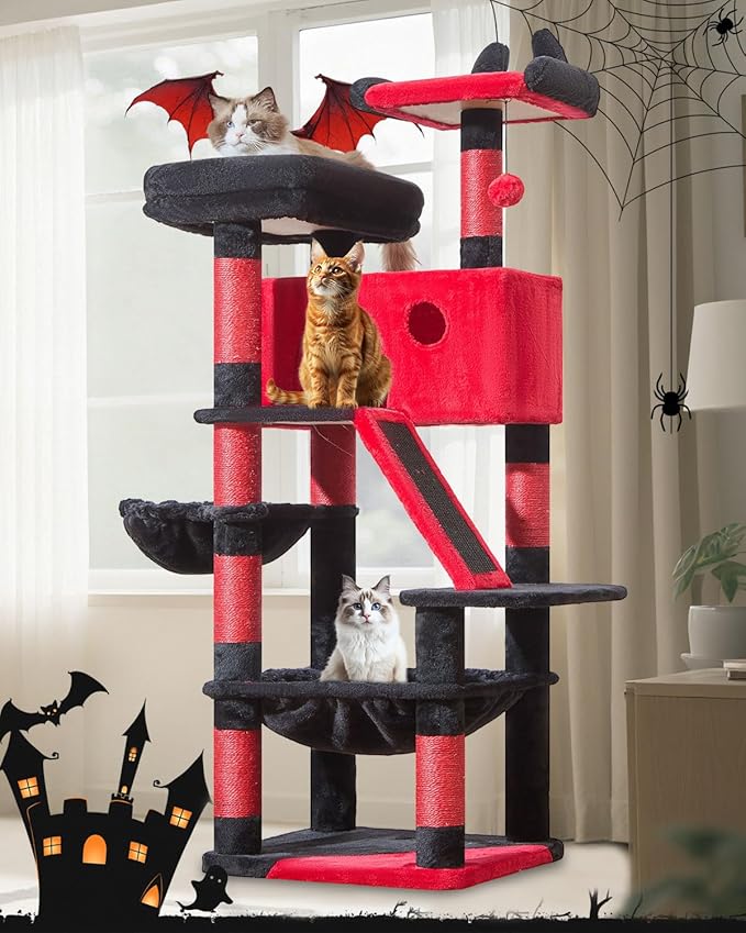 Taoqimiao Gothic Cat Tree 57.5-Inch, Cat Tower for Indoor Cats Large Adult, Extra Large Cat Condo, 8 Sisal Scratching Posts, Metal Frame Cozy Hammock, Durable Scratch Board, 2 Top Perches, MS026BR
