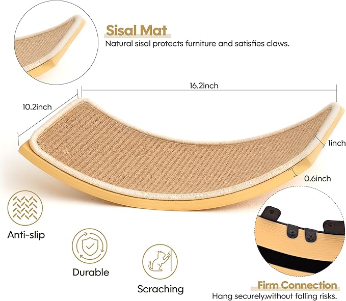 Curved Cat Wall Hammock with Scratchable Sisal Pad, Large Floating Cat Shelf for Wall, Wall Mounted Beige Bed for Playing, Climbing, and Sleeping